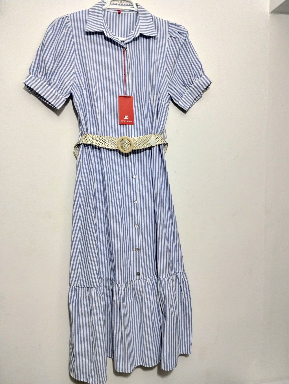 Blue and White Striped Maxi Shirt Dress with Belt